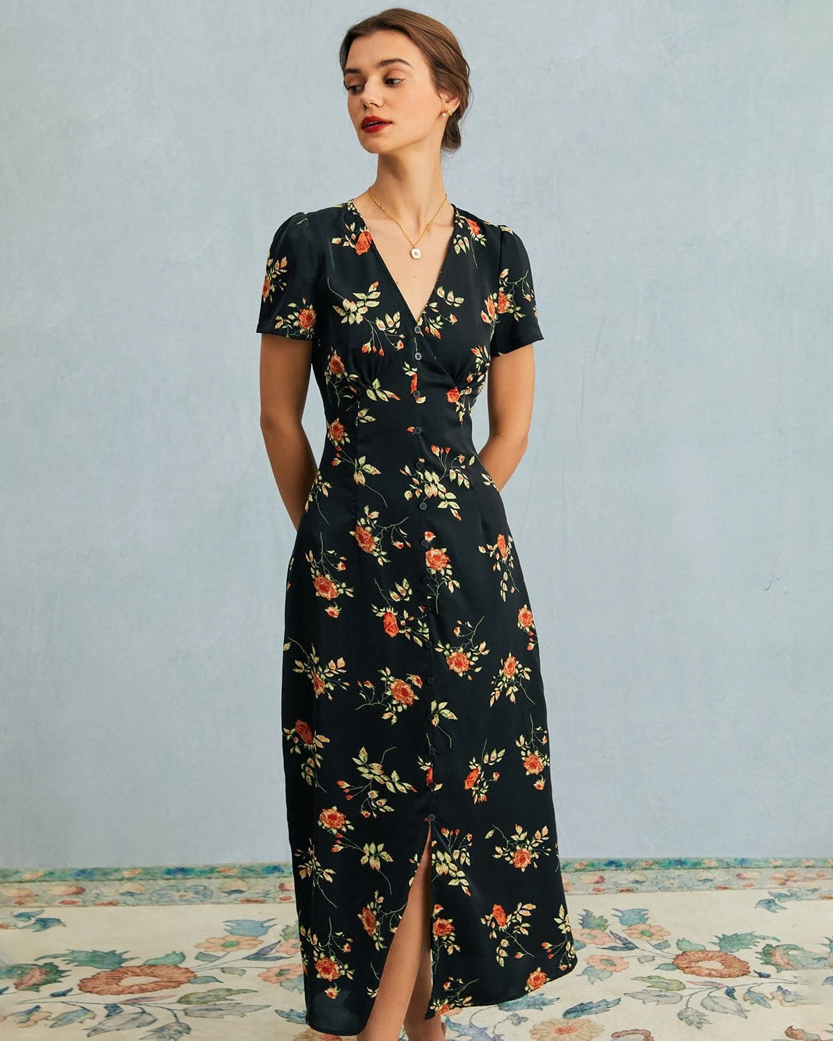 The Black V Neck Floral Short Sleeve Maxi Dress 2 The Black V Neck Floral Short Sleeve Maxi Dress - Image 2