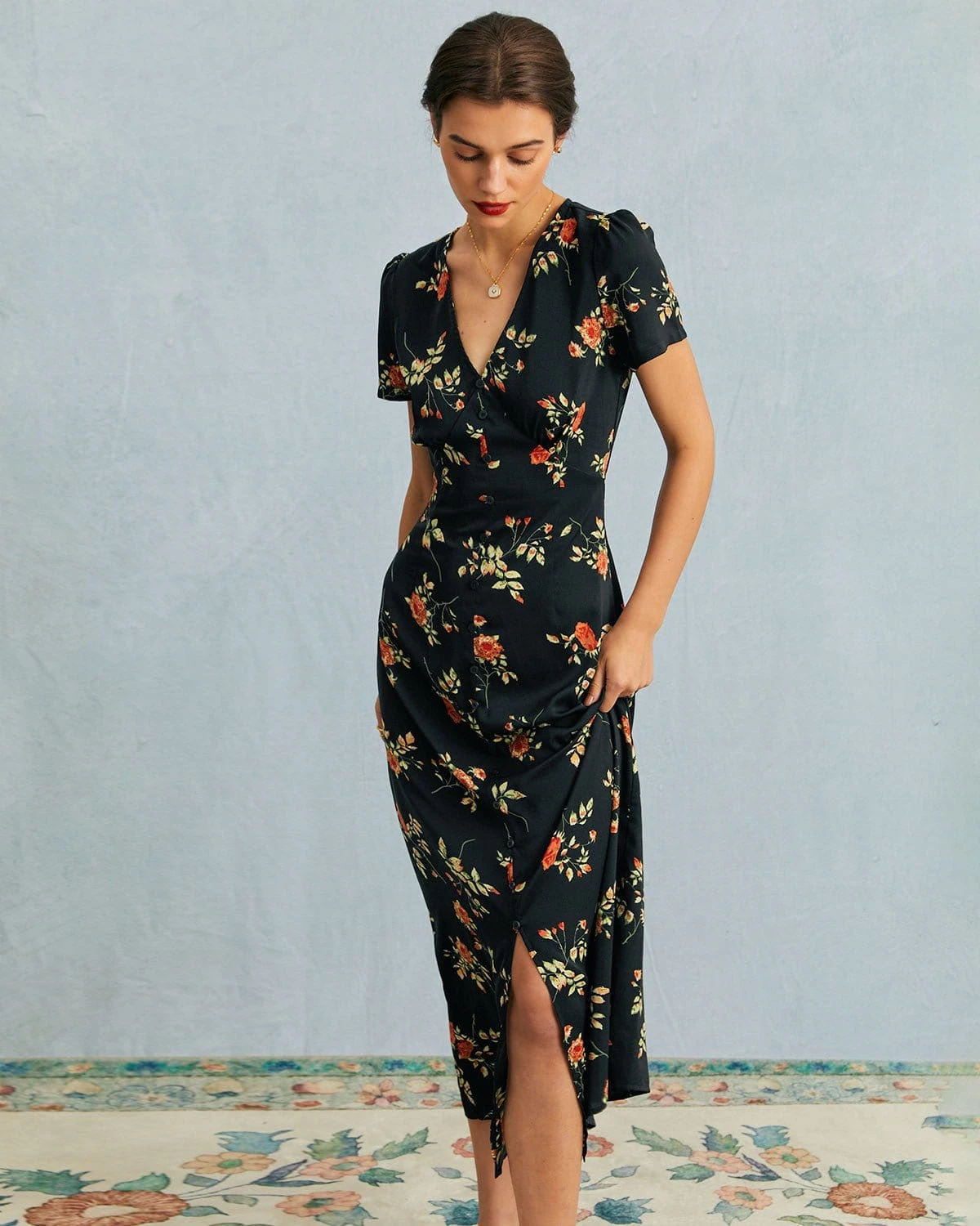 The Black V Neck Floral Short Sleeve Maxi Dress 5 The Black V Neck Floral Short Sleeve Maxi Dress - Image 5