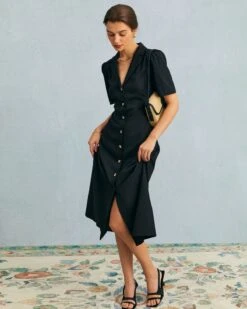 The Black V Neck Button Puff Sleeve Midi Dress -CINN Clothing Shop the black v neck button up midi dress dresses b2j9fe 638040