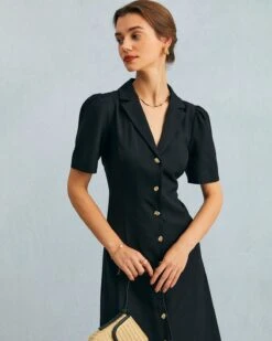 The Black V Neck Button Puff Sleeve Midi Dress -CINN Clothing Shop the black v neck button up midi dress dresses evl6hi 753672