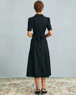 The Black V Neck Button Puff Sleeve Midi Dress -CINN Clothing Shop the black v neck button up midi dress dresses svbl6d 226033