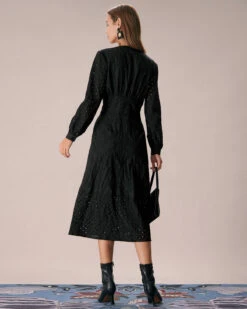 The Black V Neck Cutout Embroidery Midi Dress 11 The Black V Neck Cutout Embroidery Midi Dress -CINN Clothing Shop the black v neck embroidery midi dress dresses tqctz9