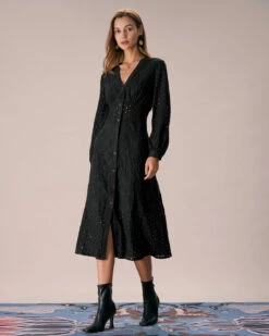 The Black V Neck Cutout Embroidery Midi Dress 9 The Black V Neck Cutout Embroidery Midi Dress -CINN Clothing Shop the black v neck embroidery midi dress dresses xg8chp