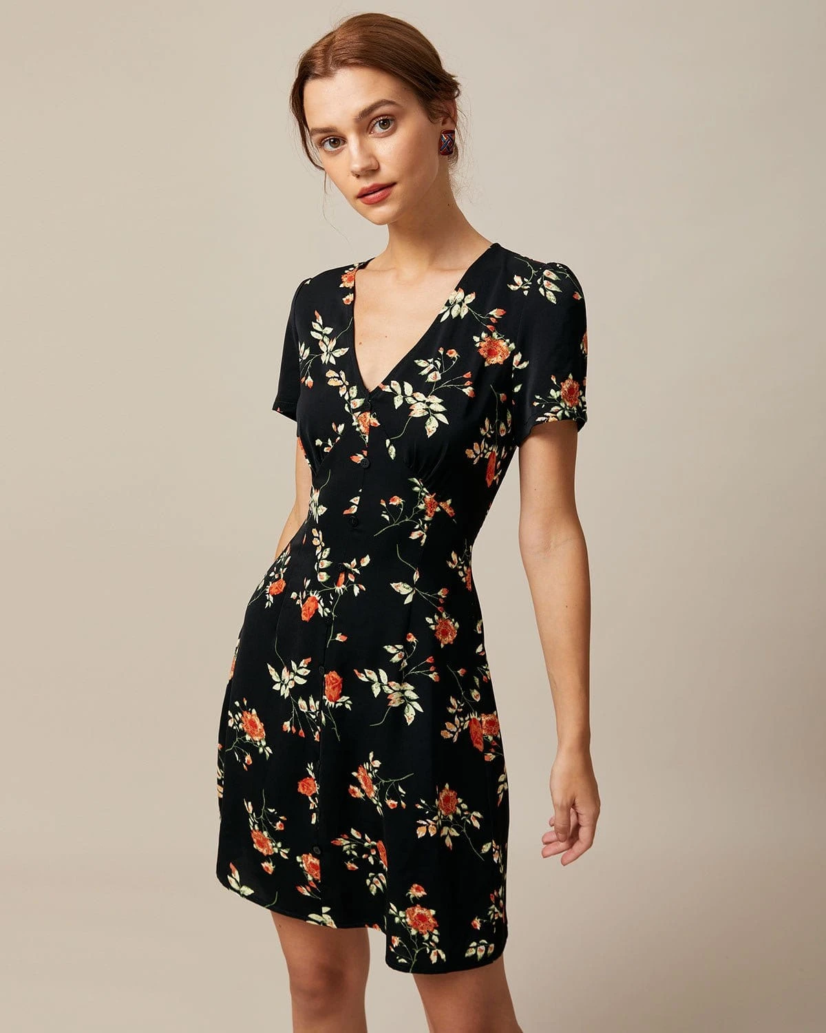 The Black V Neck Floral Button Up Mini Dress 1 The Black V Neck Floral Button Up Mini Dress