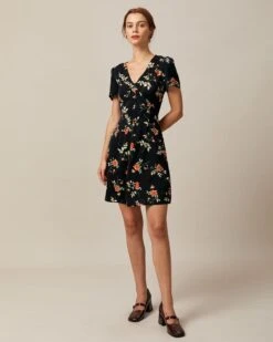 The Black V Neck Floral Button Up Mini Dress 9 The Black V Neck Floral Button Up Mini Dress -CINN Clothing Shop the black v neck floral mini dress dresses eifvjw 460255