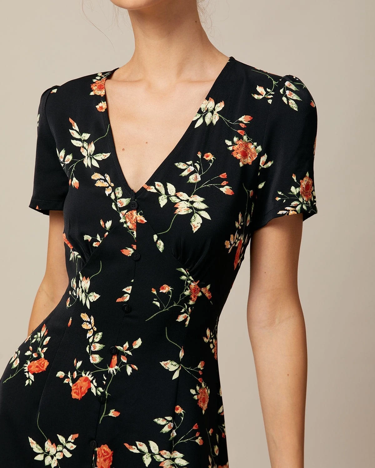 The Black V Neck Floral Button Up Mini Dress 3 The Black V Neck Floral Button Up Mini Dress - Image 3