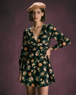 The Black V Neck Floral Pleated Mini Dress