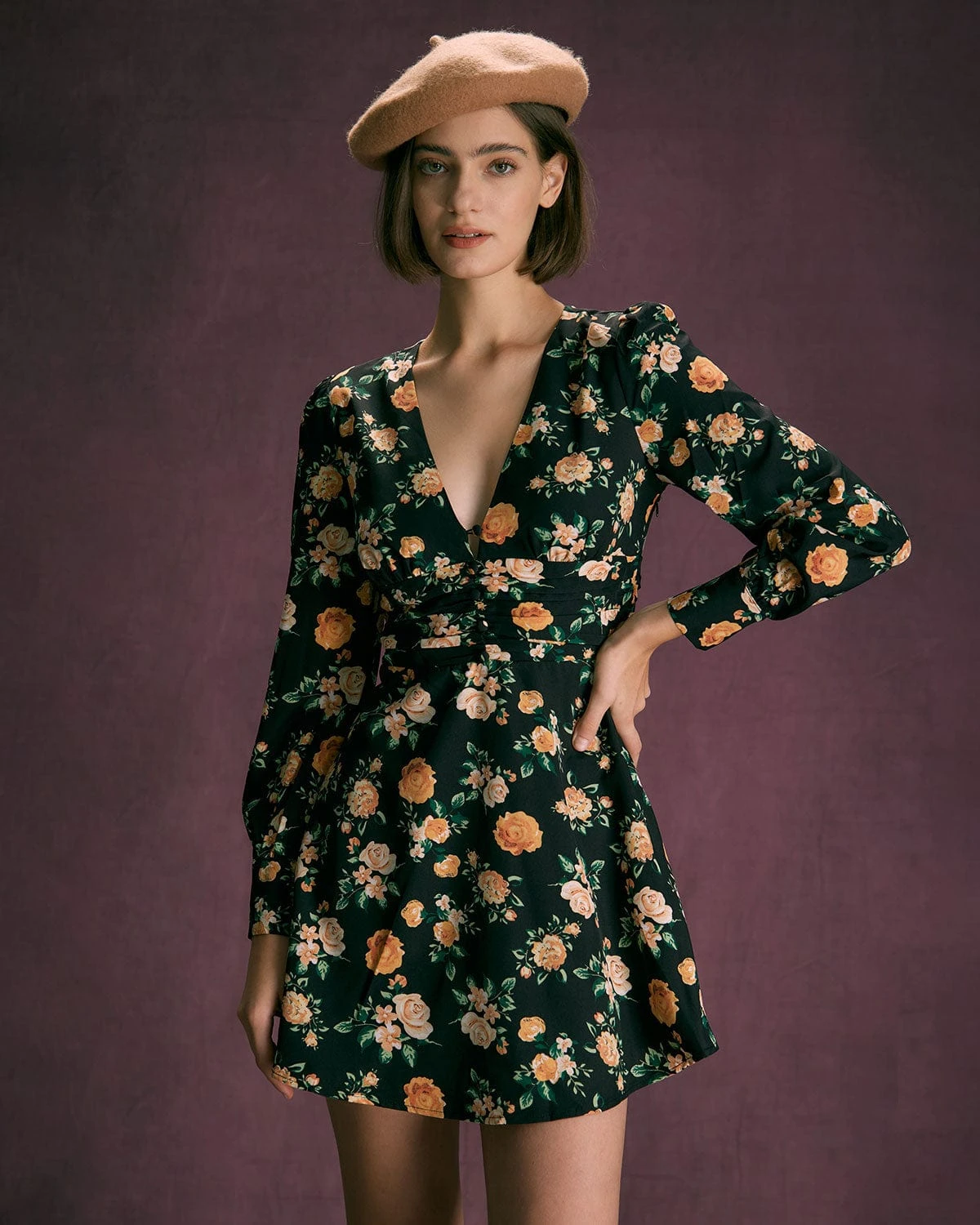 The Black V Neck Floral Pleated Mini Dress 1 The Black V Neck Floral Pleated Mini Dress