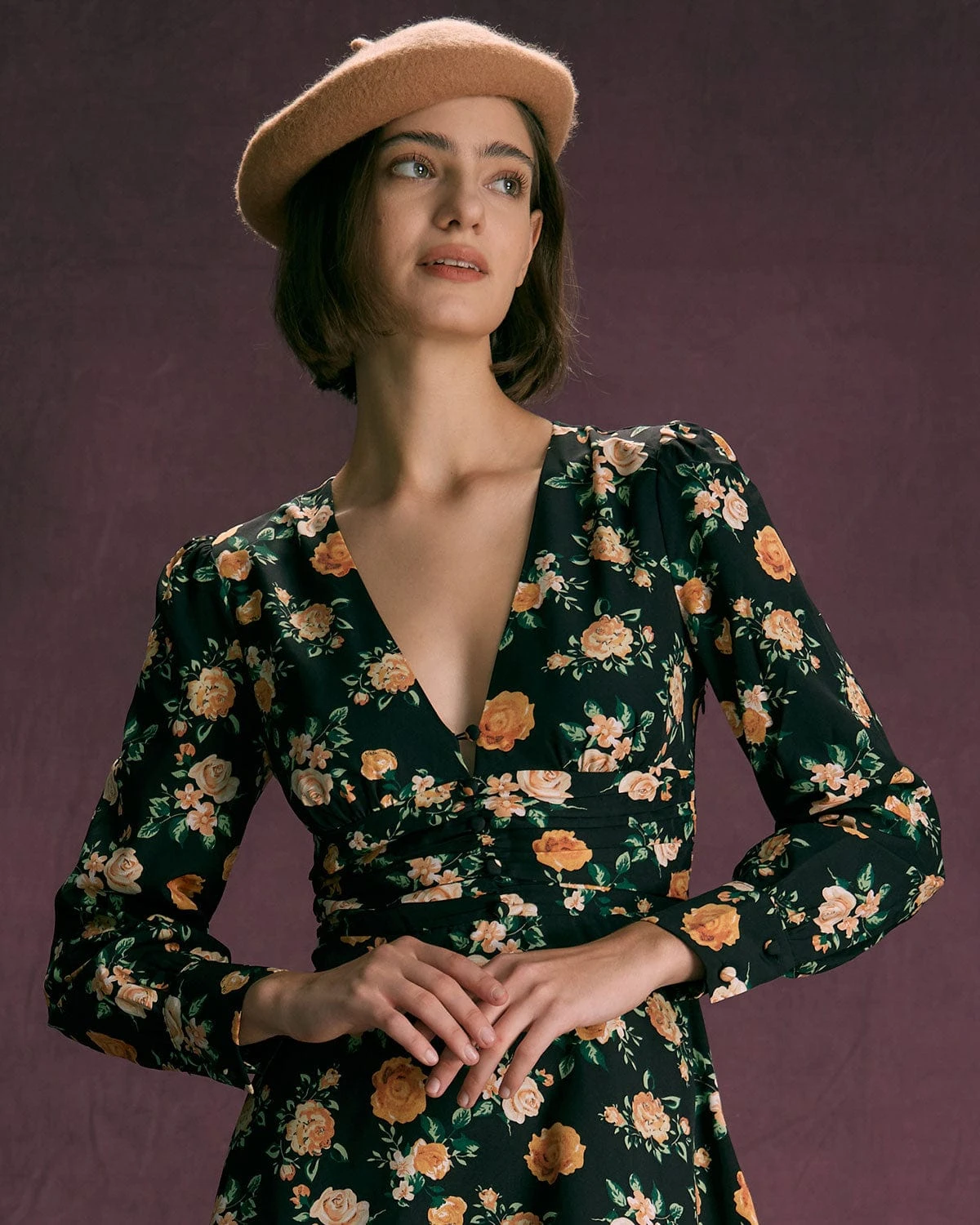 The Black V Neck Floral Pleated Mini Dress 3 The Black V Neck Floral Pleated Mini Dress - Image 3