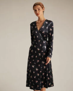 The Black V Neck Floral Velvet Wrap Midi Dress 10 The Black V Neck Floral Velvet Wrap Midi Dress -CINN Clothing Shop the black v neck floral velvet midi dress dresses 37zyji