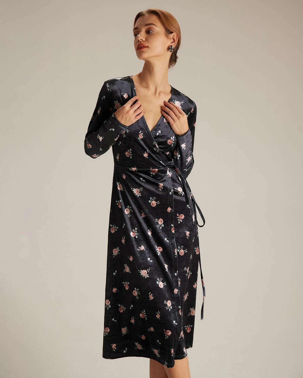 The Black V Neck Floral Velvet Wrap Midi Dress 1 The Black V Neck Floral Velvet Wrap Midi Dress