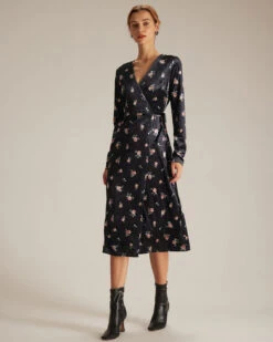 The Black V Neck Floral Velvet Wrap Midi Dress 9 The Black V Neck Floral Velvet Wrap Midi Dress -CINN Clothing Shop the black v neck floral velvet midi dress dresses h2eozg