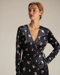 The Black V Neck Floral Velvet Wrap Midi Dress 8 The Black V Neck Floral Velvet Wrap Midi Dress -CINN Clothing Shop the black v neck floral velvet midi dress dresses vf3nfp