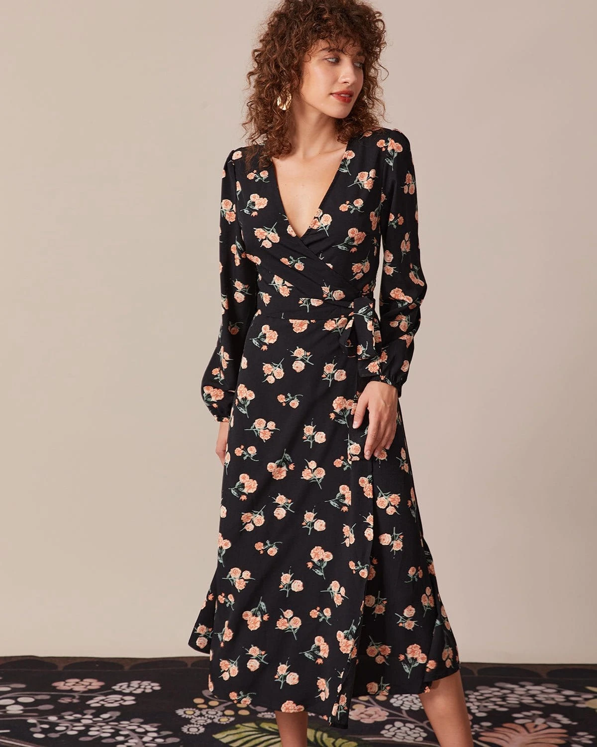 The Black V Neck Floral Wrap Midi Dress 2 The Black V Neck Floral Wrap Midi Dress - Image 2