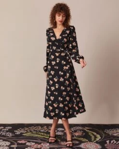 The Black V Neck Floral Wrap Midi Dress 10 The Black V Neck Floral Wrap Midi Dress -CINN Clothing Shop the black v neck floral wrap dress dresses 5kn4ga 625433