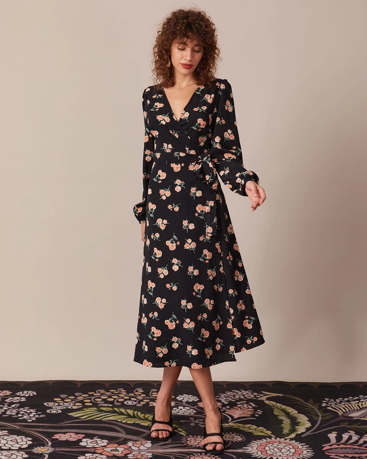 The Black V Neck Floral Wrap Midi Dress 5 The Black V Neck Floral Wrap Midi Dress - Image 5