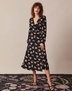 The Black V Neck Floral Wrap Midi Dress