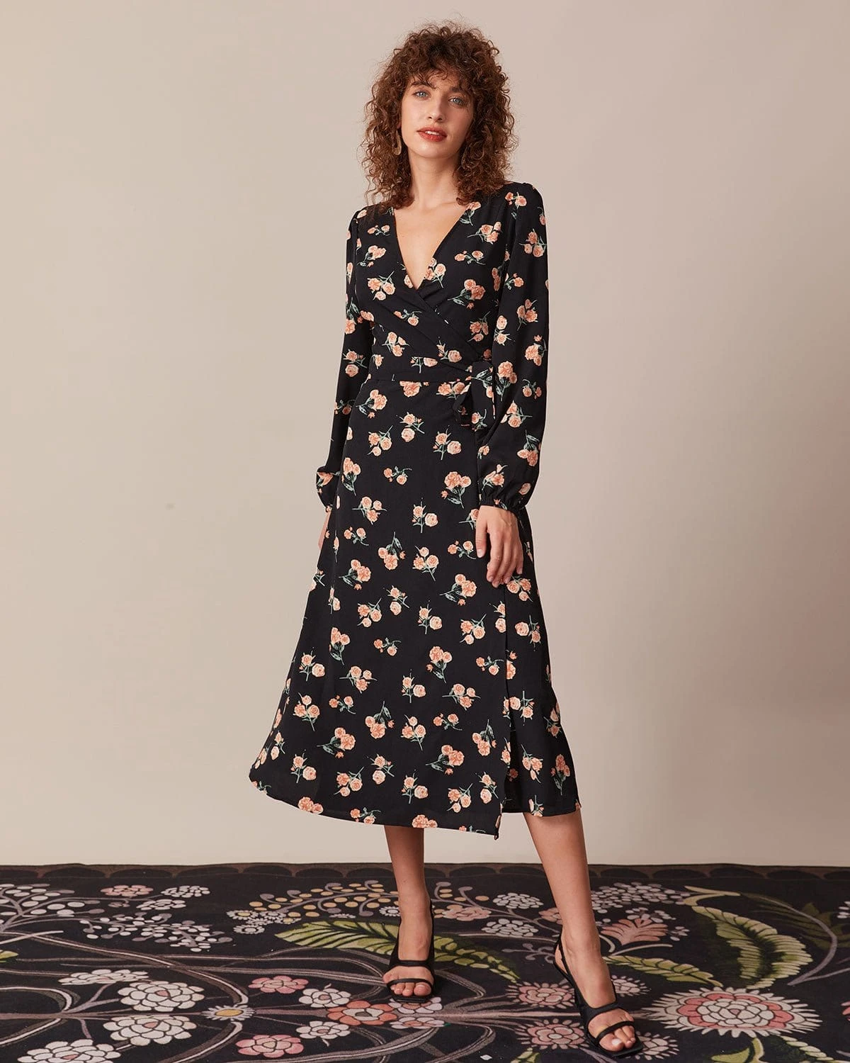 The Black V Neck Floral Wrap Midi Dress 1 The Black V Neck Floral Wrap Midi Dress