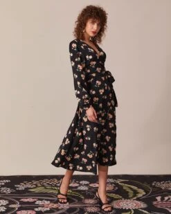 The Black V Neck Floral Wrap Midi Dress 9 The Black V Neck Floral Wrap Midi Dress -CINN Clothing Shop the black v neck floral wrap dress dresses v9ptth 589866