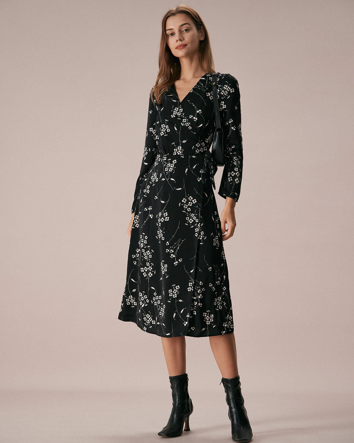 The Black V Neck Wrap Floral Midi Dress 1 The Black V Neck Wrap Floral Midi Dress