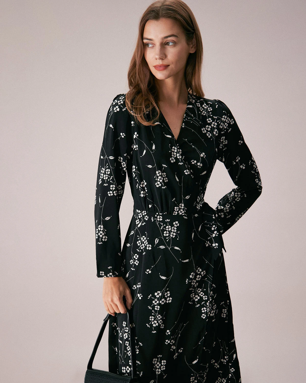 The Black V Neck Wrap Floral Midi Dress 3 The Black V Neck Wrap Floral Midi Dress - Image 3