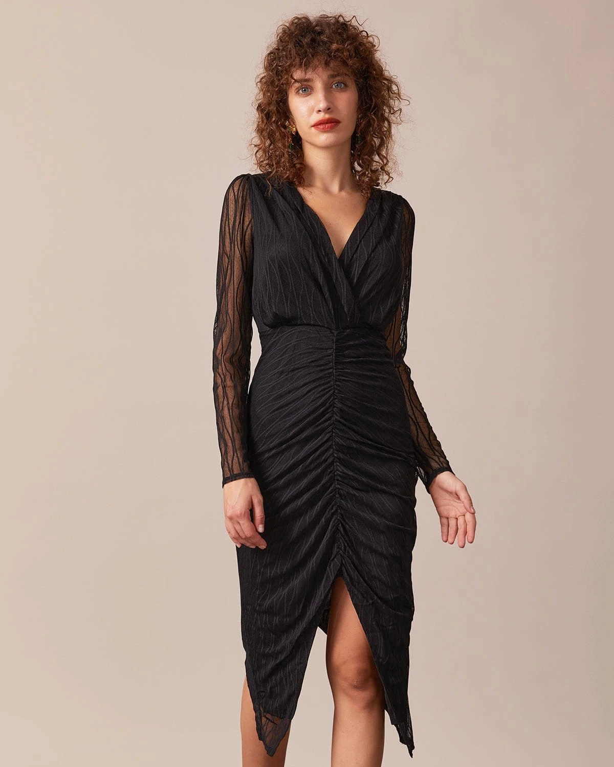 The Black V Neck Sheer Sleeve Lace Midi Dress 2 The Black V Neck Sheer Sleeve Lace Midi Dress - Image 2