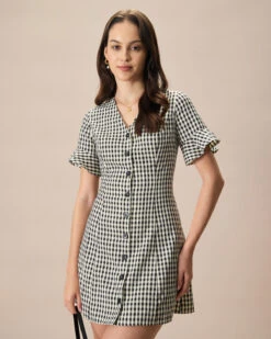 The Black V Neck Plaid Cotton Mini Dress