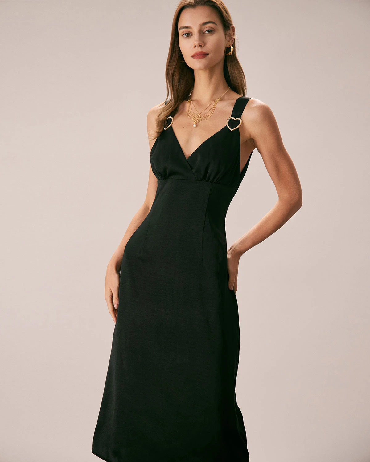 The Black V Neck Ruched Satin Midi Dress 4 The Black V Neck Ruched Satin Midi Dress - Image 4