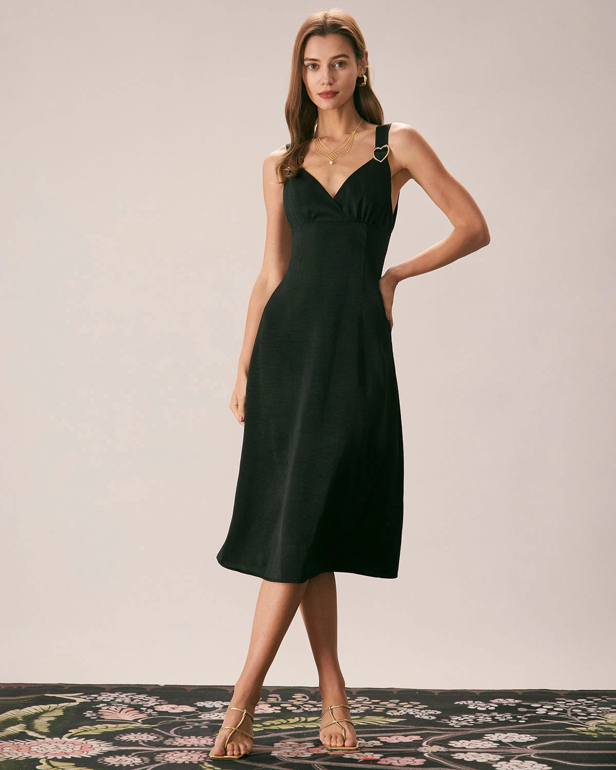 The Black V Neck Ruched Satin Midi Dress 1 The Black V Neck Ruched Satin Midi Dress