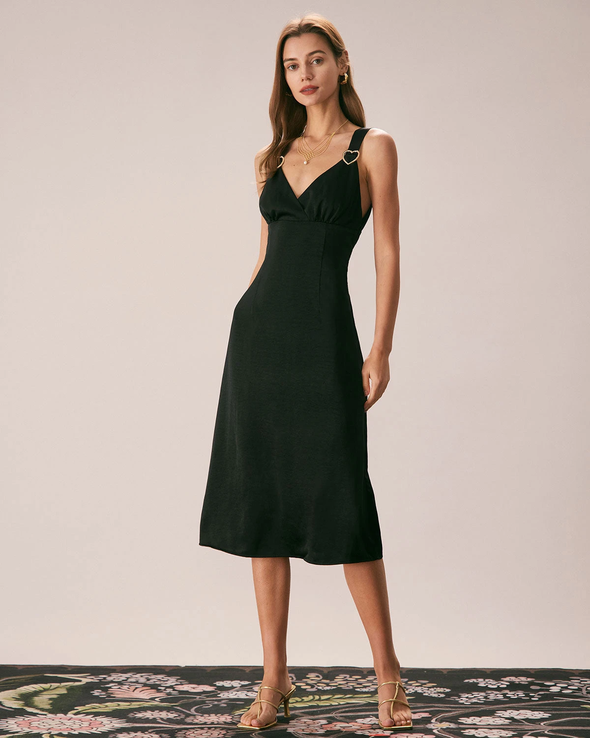 The Black V Neck Ruched Satin Midi Dress 5 The Black V Neck Ruched Satin Midi Dress - Image 5