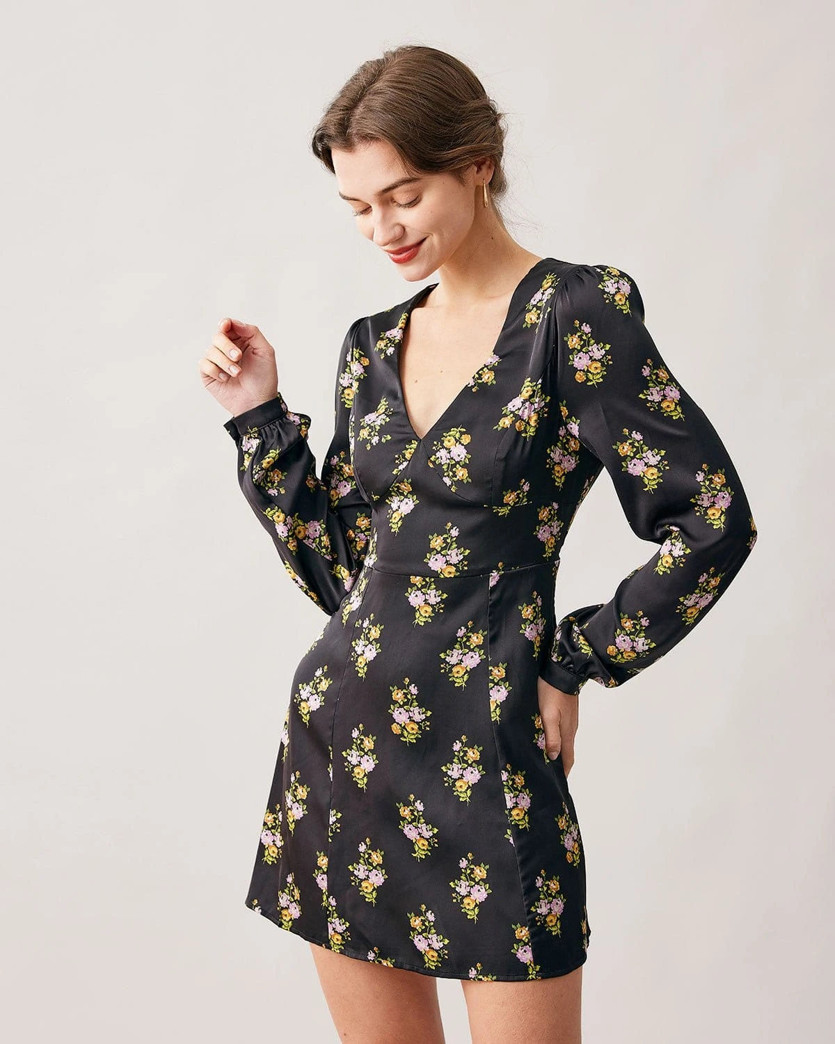 The Black V Neck Satin Long Sleeve Mini Dress 1 The Black V Neck Satin Long Sleeve Mini Dress