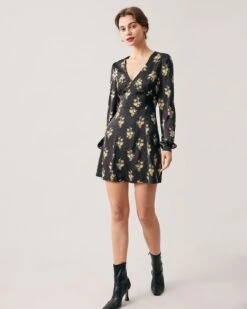 The Black V Neck Satin Long Sleeve Mini Dress 8 The Black V Neck Satin Long Sleeve Mini Dress -CINN Clothing Shop the black v neck satin mini dress dresses mdyize 131913