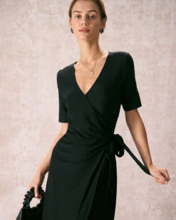 The Black V Neck Tie Waist Wrap Midi Dress 9 The Black V Neck Tie Waist Wrap Midi Dress -CINN Clothing Shop the black v neck solid wrap midi dress dresses g0ychu