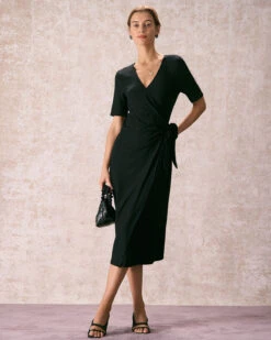 The Black V Neck Tie Waist Wrap Midi Dress