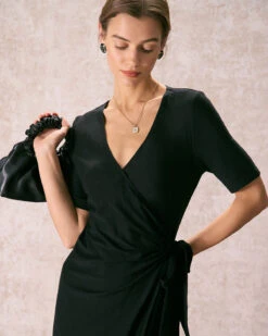 The Black V Neck Tie Waist Wrap Midi Dress 8 The Black V Neck Tie Waist Wrap Midi Dress -CINN Clothing Shop the black v neck solid wrap midi dress dresses mqtqyt
