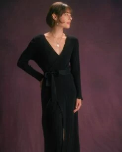 The Black V Neck Tie Wrap Knit Midi Dress 10 The Black V Neck Tie Wrap Knit Midi Dress -CINN Clothing Shop the black wrap knit midi dress dresses a7imkx