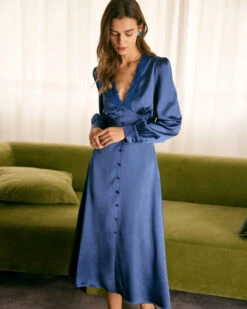 The Blue Deep V Neck Lace Satin Midi Dress -CINN Clothing Shop the blue deep v neck satin midi dress blue dresses ljbweo
