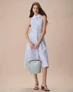 The Blue Lapel Button-Up Striped Midi Dress -CINN Clothing Shop the blue lapel striped midi dress dresses 3ehnrn
