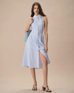 The Blue Lapel Button-Up Striped Midi Dress -CINN Clothing Shop the blue lapel striped midi dress dresses 9ipsv8