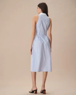 The Blue Lapel Button-Up Striped Midi Dress -CINN Clothing Shop the blue lapel striped midi dress dresses y9jswr
