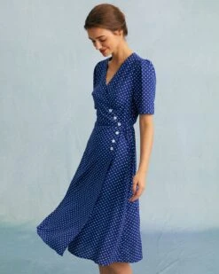 The Blue V Neck Polka Dot Wrap Midi Dress 12 The Blue V Neck Polka Dot Wrap Midi Dress -CINN Clothing Shop the blue polka dot wrap midi dress dresses fzxpiz 822103