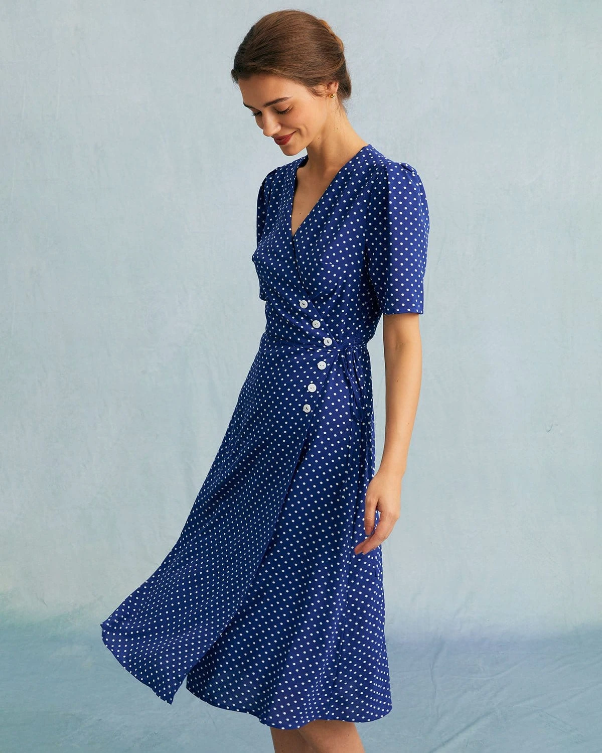 The Blue V Neck Polka Dot Wrap Midi Dress 5 The Blue V Neck Polka Dot Wrap Midi Dress - Image 5