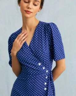 The Blue V Neck Polka Dot Wrap Midi Dress 10 The Blue V Neck Polka Dot Wrap Midi Dress -CINN Clothing Shop the blue polka dot wrap midi dress dresses gs34xq 505618