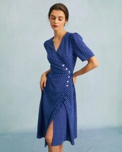 The Blue V Neck Polka Dot Wrap Midi Dress 11 The Blue V Neck Polka Dot Wrap Midi Dress -CINN Clothing Shop the blue polka dot wrap midi dress dresses z42vqt 696241