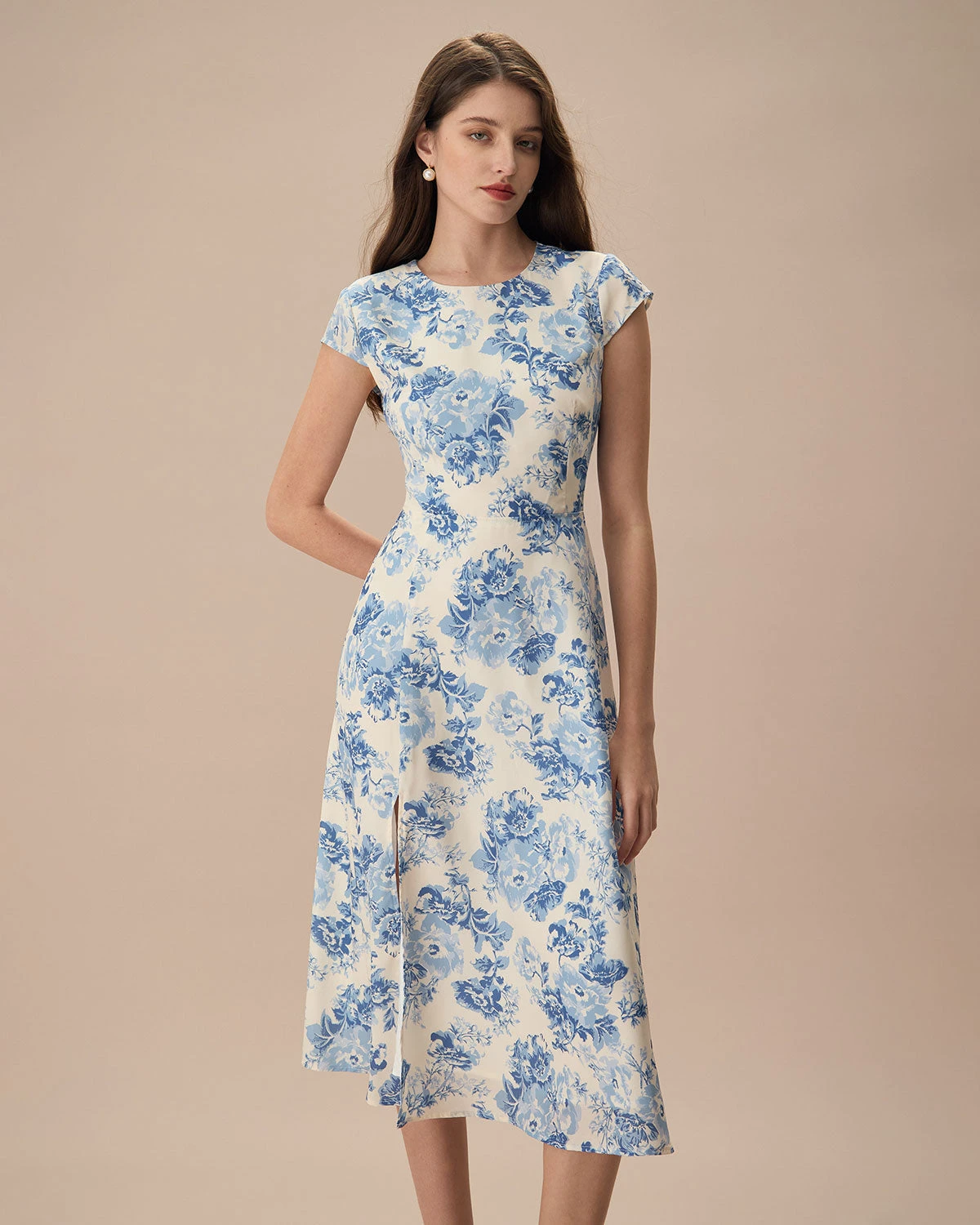 The Blue Round Neck Cap Sleeve Floral Midi Dress 1 The Blue Round Neck Cap Sleeve Floral Midi Dress