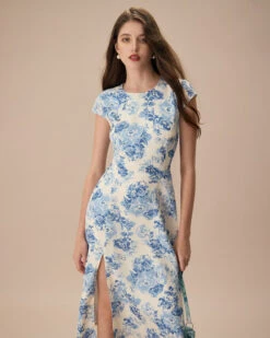 The Blue Round Neck Cap Sleeve Floral Midi Dress 10 The Blue Round Neck Cap Sleeve Floral Midi Dress -CINN Clothing Shop the blue round neck cap sleeve floral midi dress dresses 0z5qxh