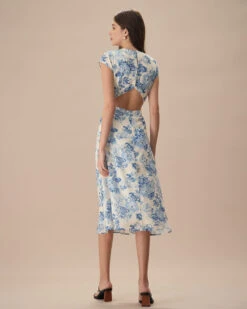 The Blue Round Neck Cap Sleeve Floral Midi Dress 11 The Blue Round Neck Cap Sleeve Floral Midi Dress -CINN Clothing Shop the blue round neck cap sleeve floral midi dress dresses 6itohk