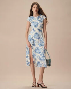 The Blue Round Neck Cap Sleeve Floral Midi Dress 12 The Blue Round Neck Cap Sleeve Floral Midi Dress -CINN Clothing Shop the blue round neck cap sleeve floral midi dress dresses aeutdy
