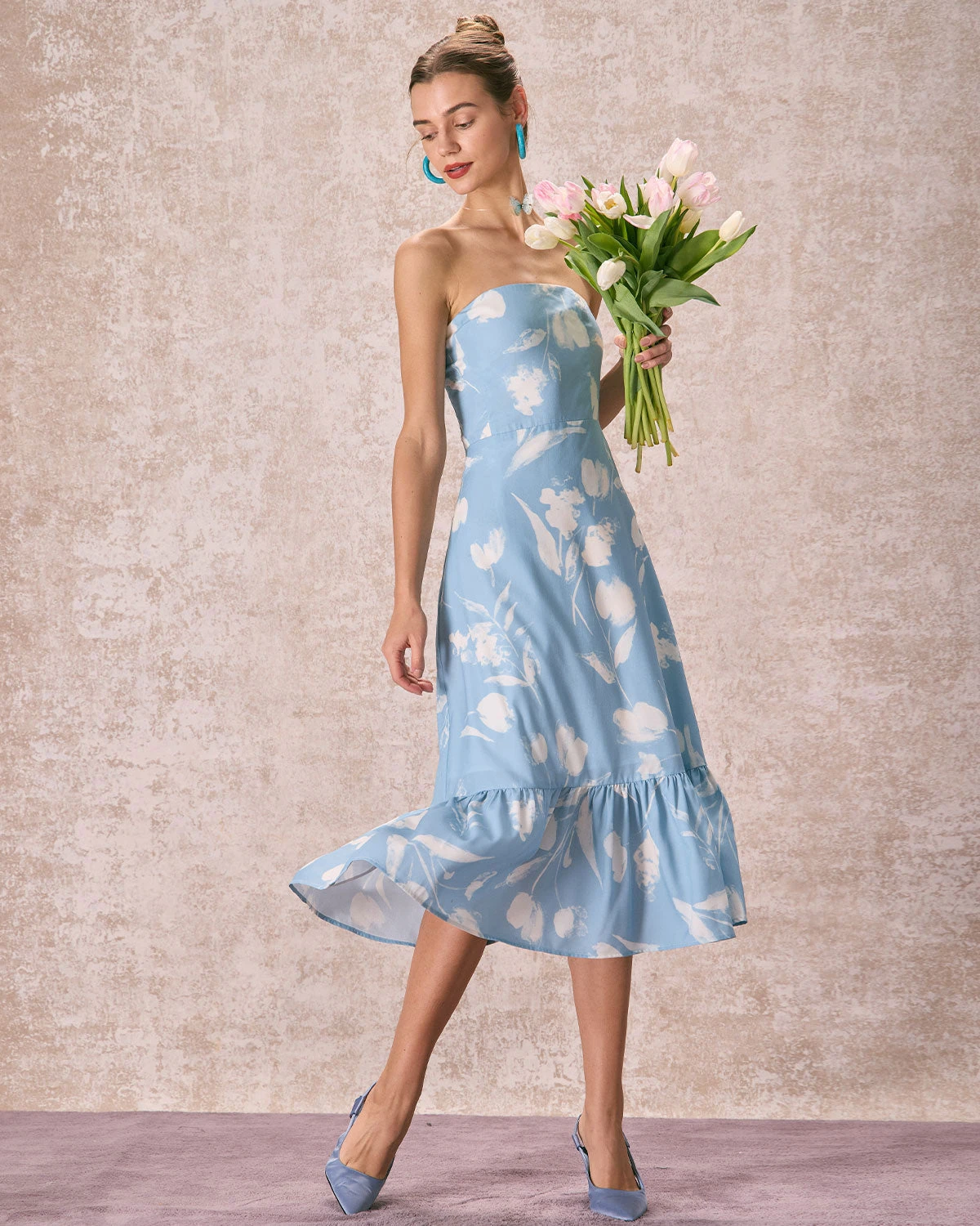 The Blue Ruffle Trim Strapless Floral Midi Dress 4 The Blue Ruffle Trim Strapless Floral Midi Dress - Image 4