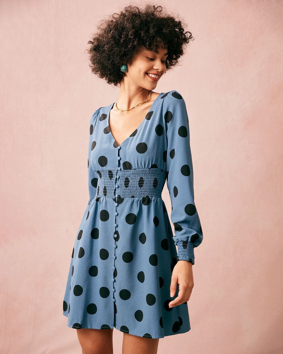The Blue V Neck Polka Dot Long Sleeve Mini Dress 1 The Blue V Neck Polka Dot Long Sleeve Mini Dress